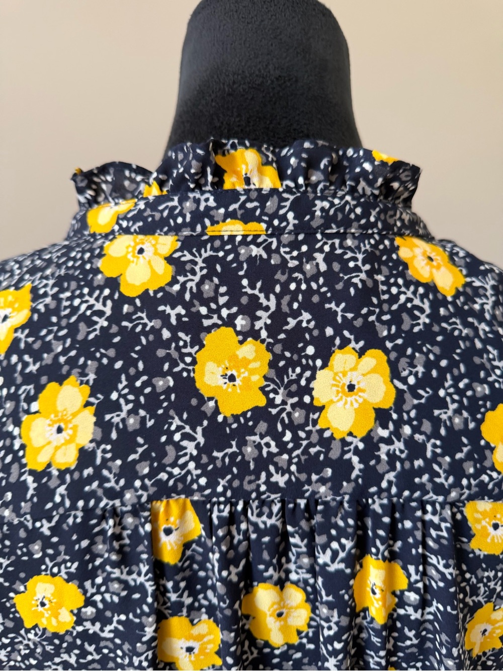 LOFT Navy Floral Ruffle Cap-Sleeve Blouse - Yellow Flower Print Medium - Picture 2 of 10